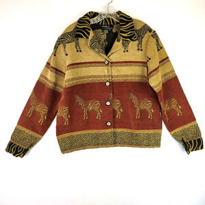 Daniel K Womens Zebra Safari Jacket Size Medium Brown Button Tapestry Vintage